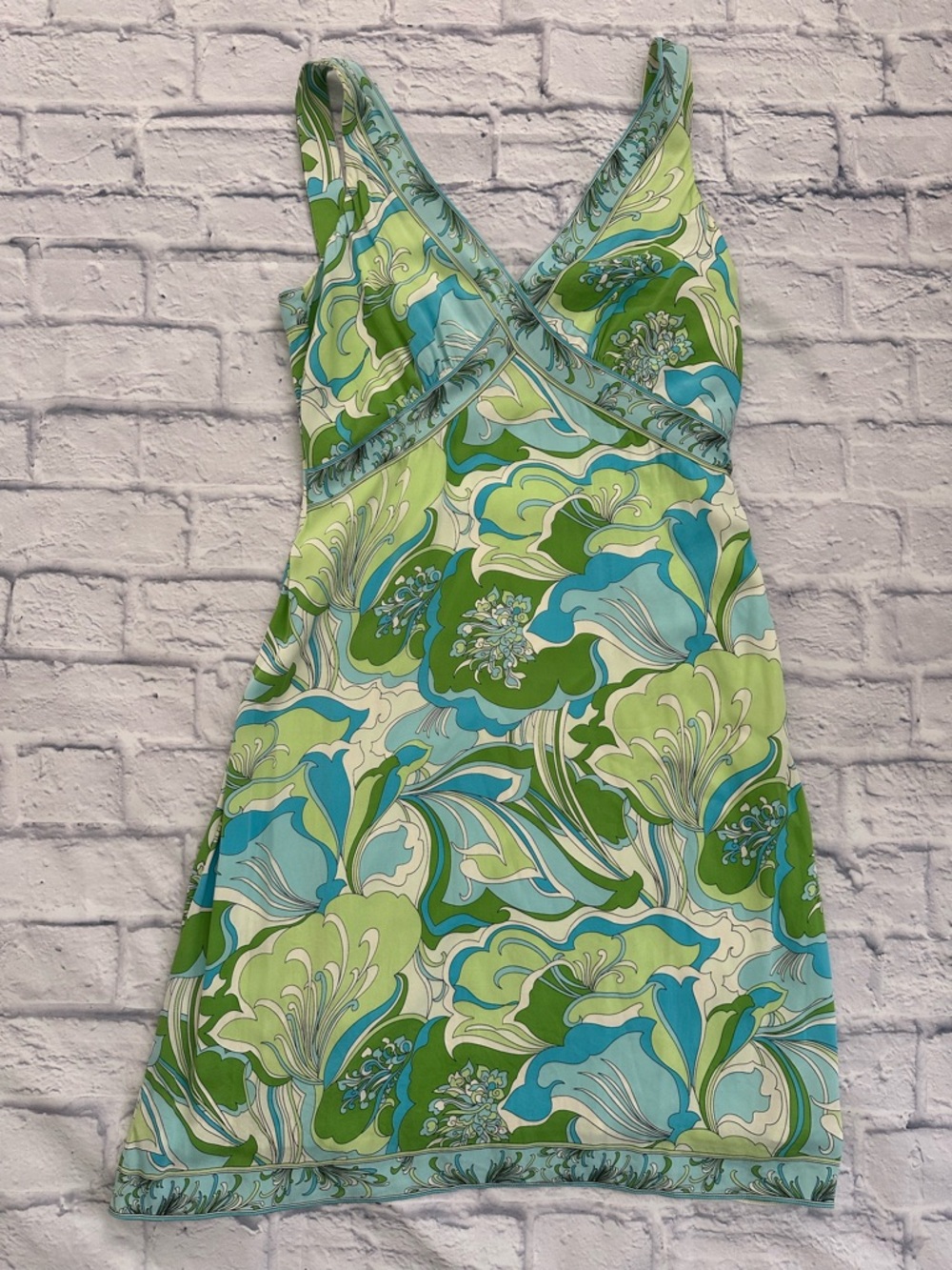 Elie Tahari Green & Blue Floral V-Neck Mini Dress